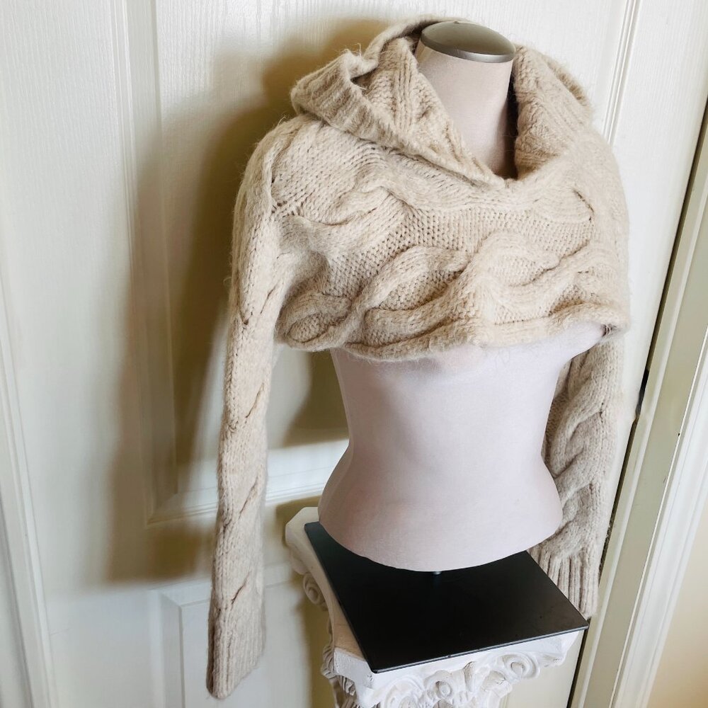 Zara NEW Cream Cable Knit Wool Arm Warmer/Cropped Sweater with Hood - Picture 8 of 16